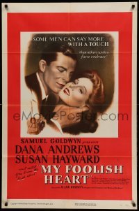2p592 MY FOOLISH HEART 1sh '50 close up of Susan Hayward & Dana Andrews, written by J.D. Salinger!