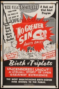 2p608 NO GREATER SIN/BIRTH OF TRIPLETS 25x38 1sh '66 pseudo-documentaries giving the facts of life!