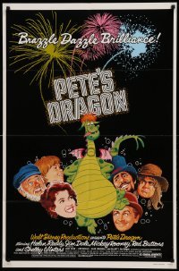 2p675 PETE'S DRAGON 1sh '77 Walt Disney, colorful art of cast headshots & dragon by Paul Wenzel!
