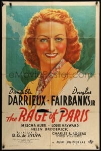2p703 RAGE OF PARIS style B 1sh '38 Douglas Fairbanks Jr, cool portrait art of Danielle Darrieux!