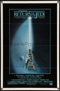 2p720 RETURN OF THE JEDI 1sh '83 George Lucas, art of hands holding lightsaber by Tim Reamer!