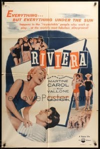 2p730 RIVIERA 1sh '54 sexy laughing Martine Carol in swimsuit lifted by Raf Vallone!