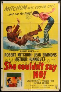 2p772 SHE COULDN'T SAY NO style A 1sh '54 sexy short-haired Jean Simmons, Dr. Robert Mitchum!