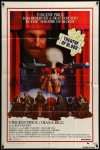 2p866 THEATRE OF BLOOD 1sh '73 great art of Vincent Price holding bloody skull w/dead audience!