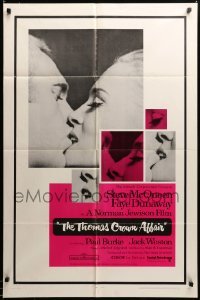 2p879 THOMAS CROWN AFFAIR 1sh '68 best kiss close up of Steve McQueen & sexy Faye Dunaway!
