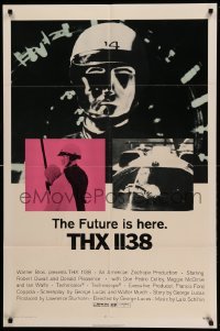 2p889 THX 1138 1sh '71 first George Lucas, Robert Duvall, bleak sci-fi, double inset images!