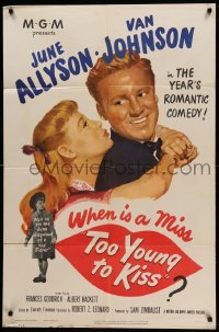2p899 TOO YOUNG TO KISS 1sh '51 great romantic close up of Van Johnson & June Allyson!