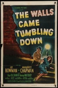 2p949 WALLS CAME TUMBLING DOWN 1sh '46 Lee Bowman, Marguerite Chapman, cool crime artwork!