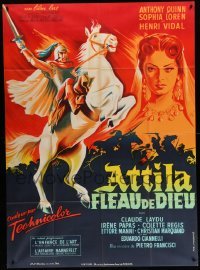 2s623 ATTILA French 1p '55 art of Anthony Quinn on horseback & sexy Sophia Loren by Grinsson!