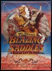 2s638 BLAZING SADDLES French 1p '75 classic Mel Brooks western, art of Cleavon Little on horse!