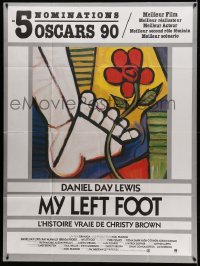 2s844 MY LEFT FOOT French 1p '90 Daniel Day-Lewis, cool artwork of foot w/flower by Seltzer!