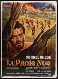 2s846 NAKED PREY French 1p '66 Grinsson art of Cornel Wilde in Africa running from killers!