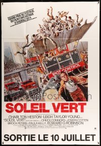 2s935 SOYLENT GREEN DS advance French 1p '74 Solie art of Charlton Heston escaping riot control!