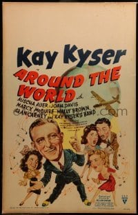 2s014 AROUND THE WORLD WC '43 cool cartoon art of Kay Kyser & top stars with plane & globe!