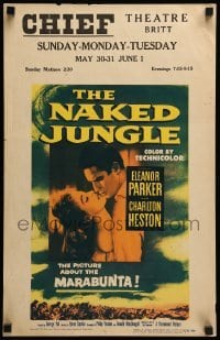 2s137 NAKED JUNGLE WC '54 romantic close up of Charlton Heston & Eleanor Parker, George Pal