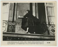 2w597 LOVE IN THE AFTERNOON 8.25x10.25 still '57 Audrey Hepburn on ledge outside her apartment!