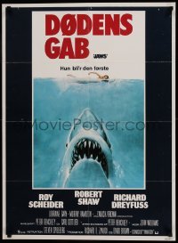 2y344 JAWS Danish '75 art of Steven Spielberg's classic man-eating shark attacking sexy swimmer!
