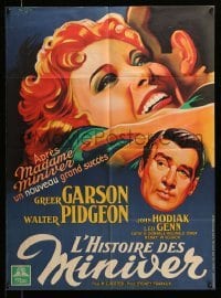 2y079 MINIVER STORY French 23x31 '50 artwork of pretty Greer Garson embracing Walter Pidgeon!