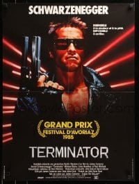 2y087 TERMINATOR French 24x32 '85 close up of classic cyborg Arnold Schwarzenegger with gun!