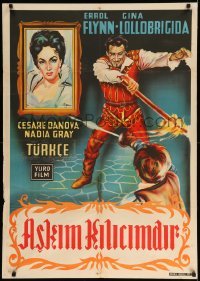 2y409 CROSSED SWORDS Turkish '53 Errol Flynn & sexy Gina Lollobrigida, Italy's Marilyn Monroe!