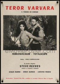 2y225 GOLIATH & THE BARBARIANS Yugoslavian 20x28 '59 Steve Reeves protecting Chelo Alonso!