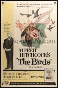2z053 BIRDS 1sh '63 director Alfred Hitchcock shown, Tippi Hedren, classic intense attack artwork!