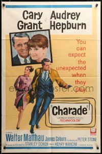 2z222 CHARADE 1sh '63 art of tough Cary Grant & sexy Audrey Hepburn, expect the unexpected!