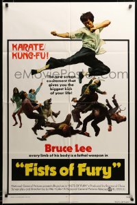 2z669 FISTS OF FURY 1sh '73 Bruce Lee gives you biggest kick of your life, great kung fu image!