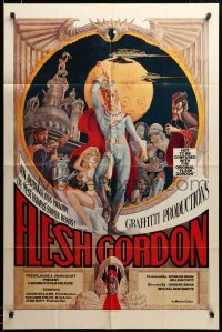 2z130 FLESH GORDON 1sh '74 sexy sci-fi spoof, wacky erotic super hero art by George Barr!