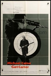 2z572 GET CARTER 1sh '71 great image of Michael Caine holding gun in assassin's scope!