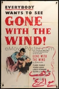 2z351 GONE WITH THE WIND 1sh R47 romantic art of Clark Gable & Vivien Leigh, all-time classic!