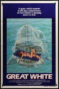 2z861 GREAT WHITE style A 1sh '82 great artwork of huge shark attacking girl in bikini on raft!