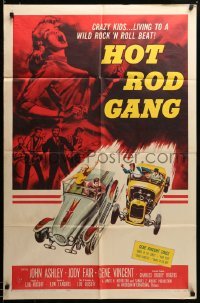 2z268 HOT ROD GANG 1sh '58 fast cars, crazy kids, classic art of teens in dragsters & dancing girl!