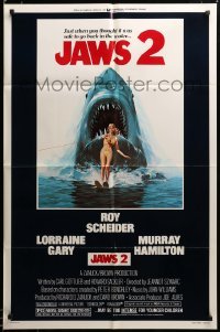 2z855 JAWS 2 1sh '78 great classic art of giant shark attacking girl on water skis by Lou Feck!