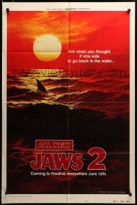 2z853 JAWS 2 style B teaser 1sh '78 classic art of man-eating shark's fin in red water at sunset!