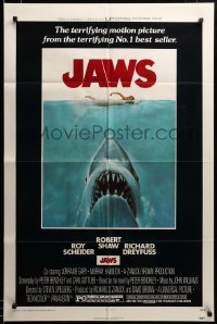 2z849 JAWS 1sh '75 artwork of Steven Spielberg's classic man-eating shark attacking sexy swimmer!