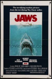 2z850 JAWS int'l 1sh '75 art of Steven Spielberg's man-eating shark attacking sexy swimmer, rare!