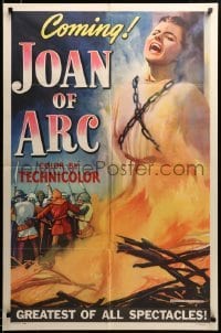 2z356 JOAN OF ARC style C teaser 1sh '48 art of Ingrid Bergman being burned at stake!