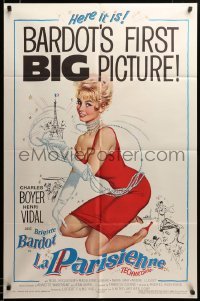 2z243 LA PARISIENNE 1sh '58 great art of sexy Brigitte Bardot in red dress, her first big picture!