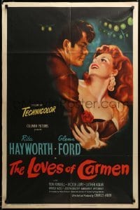 2z358 LOVES OF CARMEN 1sh '48 romantic close up of sexy Rita Hayworth & Glenn Ford!