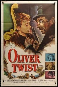 2z535 OLIVER TWIST 1sh '51 cool art of Robert Newton threatening Davies, directed by David Lean!