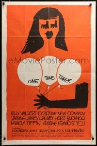 2z935 ONE, TWO, THREE 1sh '62 Billy Wilder, wonderful Saul Bass art of girl with balloons!