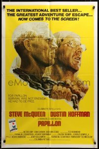 2z731 PAPILLON 1sh '73 prisoners Steve McQueen & Dustin Hoffman by Tom Jung, Columbia Pictures!