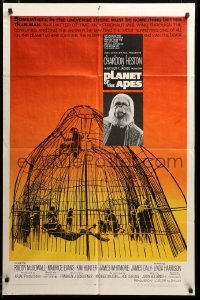 2z659 PLANET OF THE APES 1sh '68 Charlton Heston, classic sci-fi, cool art of caged humans!