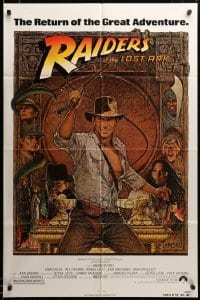 2z465 RAIDERS OF THE LOST ARK 1sh R82 great art of adventurer Harrison Ford by Richard Amsel!