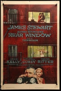 2z044 REAR WINDOW 1sh '54 Alfred Hitchcock classic, art of voyeur Jimmy Stewart & Grace Kelly!