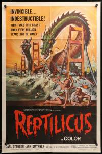 2z082 REPTILICUS 1sh '62 indestructible 50 million year-old giant lizard destroys bridge!