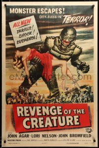 2z060 REVENGE OF THE CREATURE 1sh '55 great art of the monster holding sexy girl by Reynold Brown!