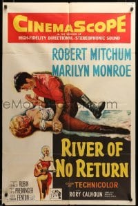 2z212 RIVER OF NO RETURN 1sh '54 intense art of Robert Mitchum holding down sexy Marilyn Monroe!