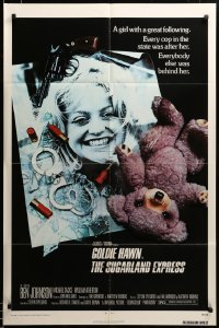 2z470 SUGARLAND EXPRESS 1sh '74 Steven Spielberg, photo of Goldie Hawn under gun, teddy bear!